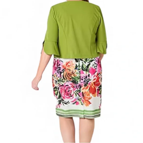 White Floral Print Dress with Green Jacket - Picture 2 of 9